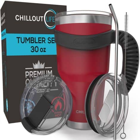 Cherry Red Powder Coated 30 oz Travel Mug Bundle – Includes Tumbler, Straw, Cleaning Brush & 2 Lids.