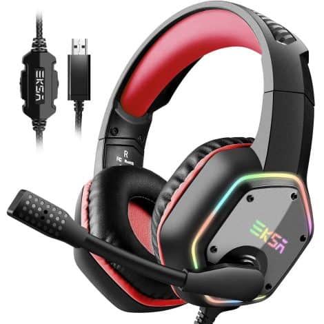 E1000-Red01 Gaming Headset: Immerse yourself in superior sound quality with noise-canceling, RGB lights, and compatibility with PS5, PS4, Mac, and laptops.