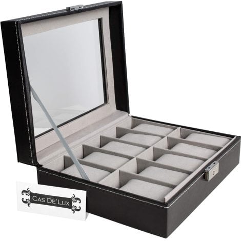 Cas De’Lux Watch Box: Elegant, secure 10-slot organizer with glass lid, contrasting stitching, and sturdy lock for watches and jewelry.