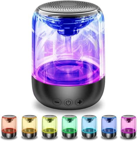 Compact wireless speaker with incredible sound quality, long-range connectivity, microphone, LED lights, and TF card support.