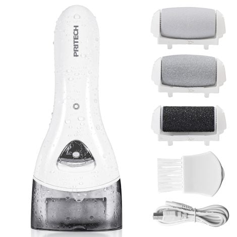 Electric Foot Callus Remover: Rechargeable, Pro Feet Care Kit with 3 Roller Heads. Includes USB Cord and Cleaning Brush.