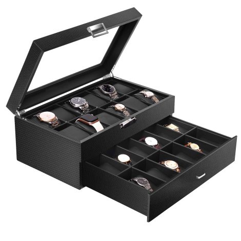 Stylish Watch Organizer Box for Men: MQ’s 24-Slot Watch Storage with Drawer & Lid, Ideal for Watch Collection.