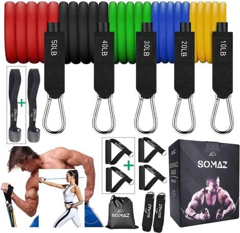 SOMAZ Family Set of Resistance Bands: All-Natural Latex, 14pcs with Handles, Anchor, Straps, Case – Perfect for Home Workouts, Yoga, Therapy.