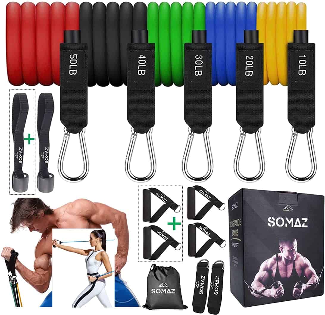 SOMAZ 100% Natural Latex Resistance Bands Family Set for 2-Person (14pcs) with 4 Handles&2 Door Anchor, Ankle Straps, Carrying Case for Physical Therapy, Home Workouts, Fitness Training, Yoga