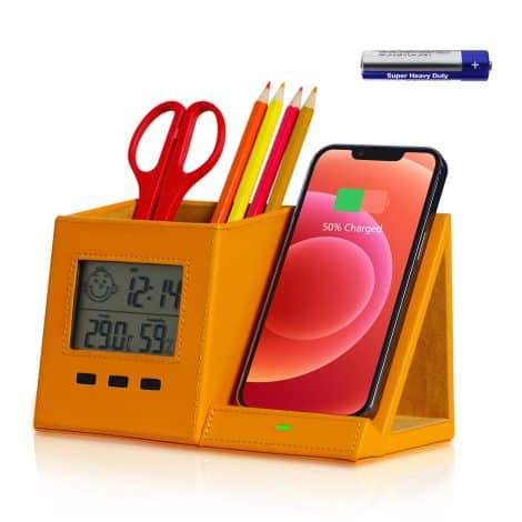 Wireless charging dock with pen holder, clock, temperature, and humidity display. Perfect for iPhone and office use. Great gift.