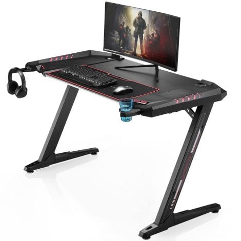 Ergonomic Gaming Desk with Cup Holder, Headset Hook, RGB Light – Perfect Gaming Gift for Him, Her.