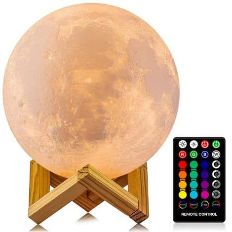 Moon Shimmer Lamp: Multicolored LED nightlight, 3D printed moon design, remote/touch control, USB rechargeable. Perfect gift for all.