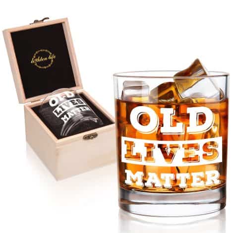 Brighten Up Life Elderly Lives Are Important Whiskey Glass 12 oz, Classic Rock Glass in Special Wooden Box, Hilarious Birthday or Retirement Gift for Grandpa, Dad, Senior Man, Vintage Whiskey Glass