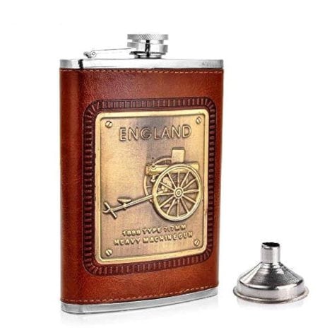 Stylish stainless steel and leather hip flask with England-inspired design. Perfect for alcohol on-the-go.