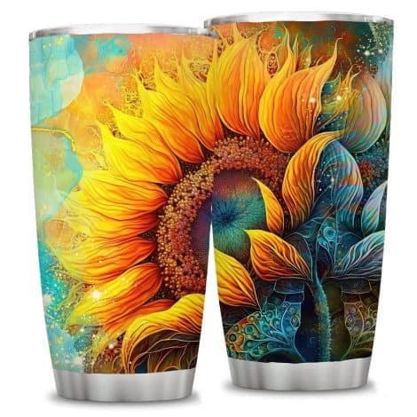 20 oz Insulated Tumblers with Lid featuring vibrant Sunflowers, perfect for gifting to friends, moms, or loved ones.