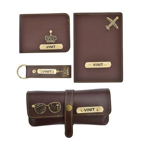 Personalized Men’s 4-Piece Gift Set: Custom Leather Wallet, Key Chain, Eyewear Case, and Passport Cover – Brown