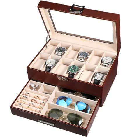 Voova Jewelry Storage Case: Stylish 2-Layer Watch Organizer for Men and Women (Brown)