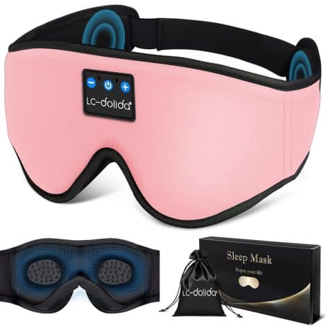 Wireless music headset and eye mask combo for sleep, ideal for travel, with thin speakers.