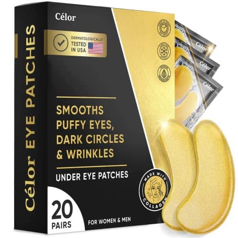 Golden Eye Patches – Amino Acid & Collagen infused under eye mask for dark circles and puffiness, in beauty care.