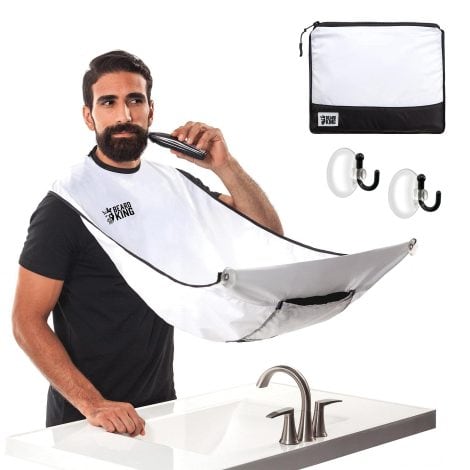 Beard King’s Beard Bib Apron – the Original Cape Seen on Shark Tank, Hair Catcher for Men’s Shaving and Trimming – Perfect Grooming Gift for Dad or Husband with One-Size-Fits-All in White.