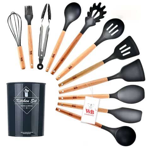 11-piece set of heat-resistant silicone cooking utensils with premium wooden handles – perfect for cooking and baking.