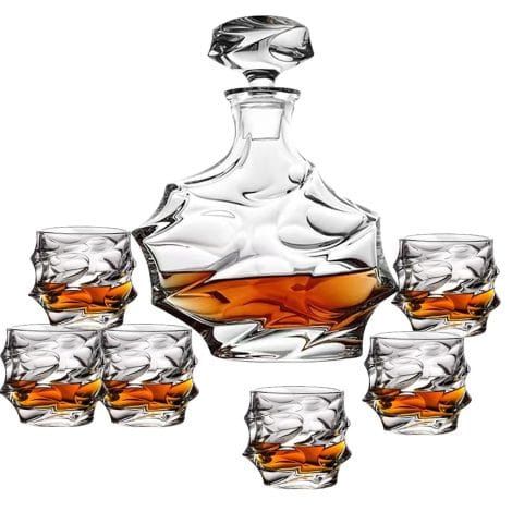 Italian-made GGEROU Whiskey Set – 6 Glasses, Crystal Decanter, Non-Lead Dispenser, Perfect Wedding Gift for Men.