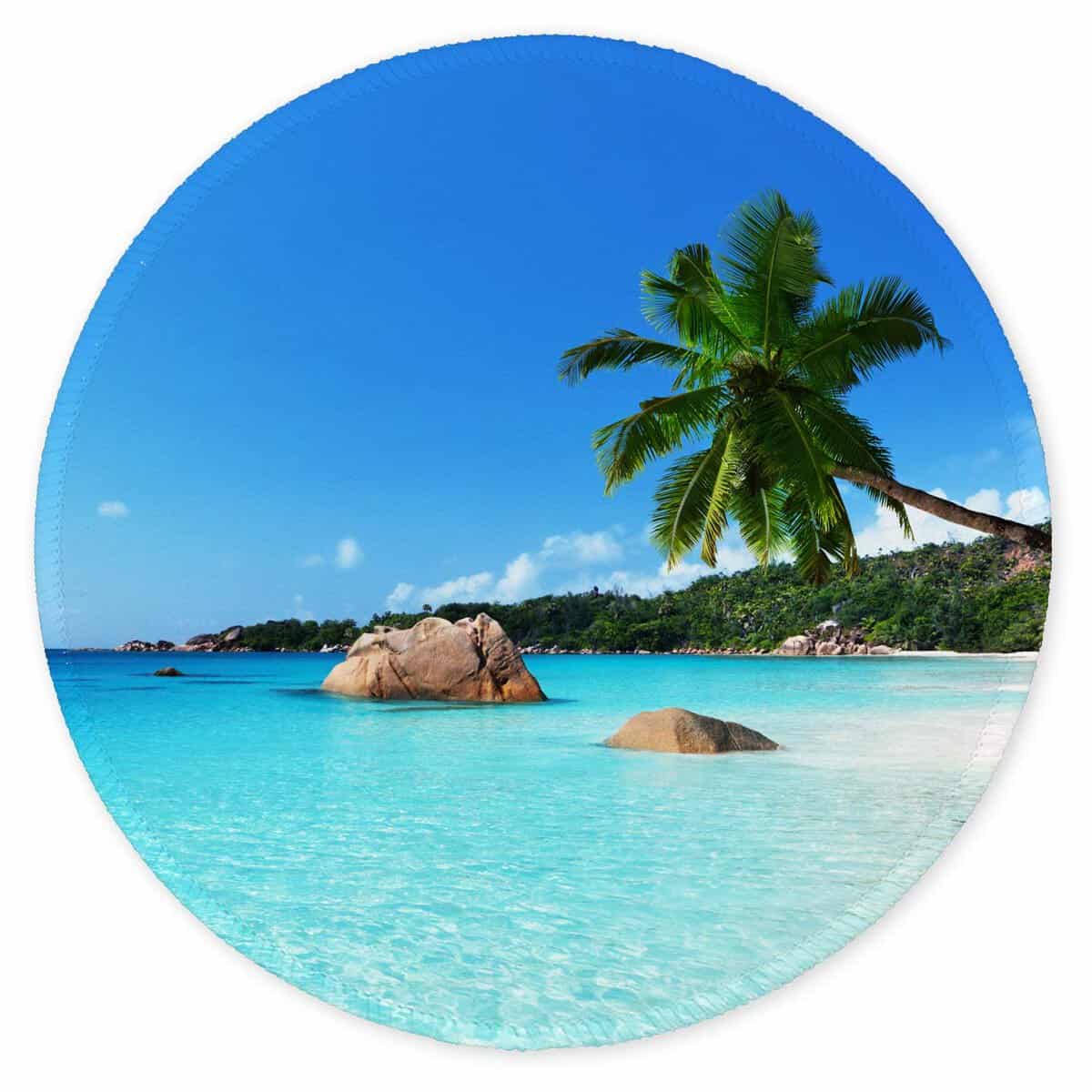 Auhoahsil Mouse Pad, Round Beach Style Anti-Slip Rubber Mousepad with Durable Stitched Edges for Gaming Office Laptop Computer Men Women Kids, Cute Custom Design, 8.7 x 8.7 in, Beach and Coconut Tree