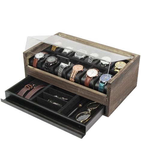 Rustic Wood Watch Box with 12 Slots for Men’s Watches and Jewelry Storage Drawer – MK605A by J JACKCUBE DESIGN.