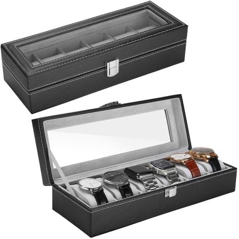 Men’s Black Watch Storage Box with Crystal Glass Lid, Holds 6 Watches – ProCase Organizer.