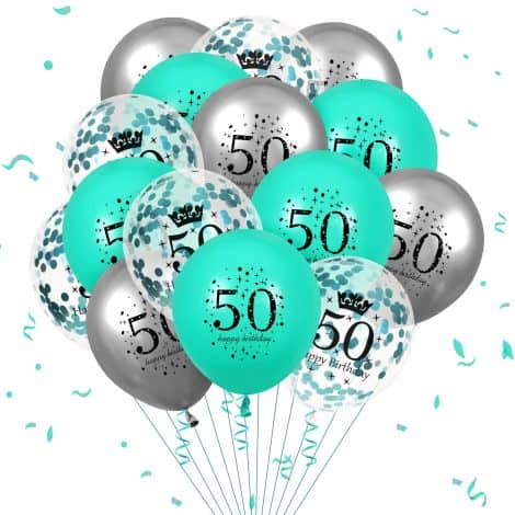 Celebrate big with RUMIA’s Teal 50th Birthday Balloon Set—15 teal silver balloons for men and women, indoor/outdoor use.