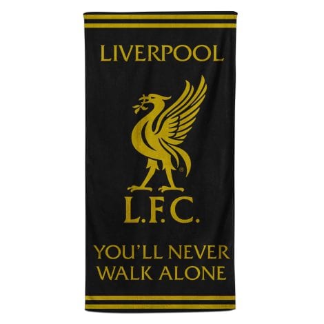 Liverpool FC Black & Gold Beach Bath Towel, made of 100% cotton, perfect gift for teens, men, and kids. Measures 70 x 140 cm.