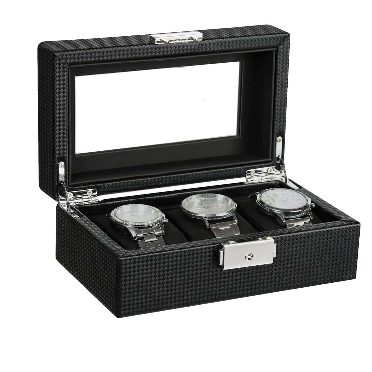 BASTUO Watch Box 3 Slots Watch Display Case Organizer for Men Watch Storage Case with Carbon Fiber Design, Jewelry Drawer Box with Glass Top and Lockable, Black