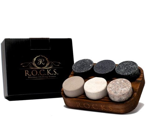 R.O.C.K.S. presents a set of 6 handcrafted premium granite whiskey chilling stones with a wooden tray.