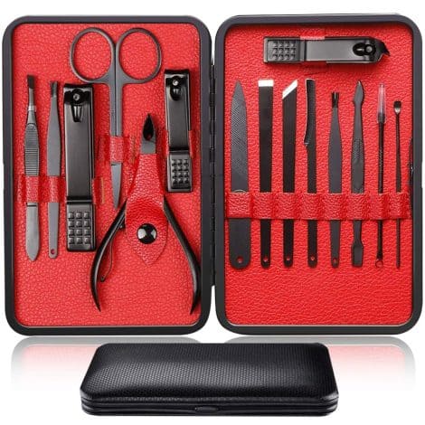 Professional 15-piece Manicure Kit in Red – Stainless Steel Nail Clippers, Scissors, Tweezers, and more for all genders.