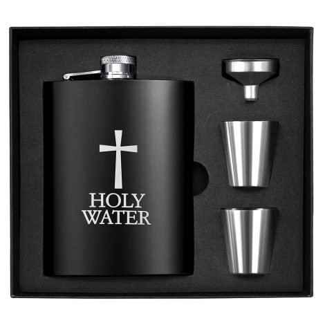 Customized Holy Water Whisky Flask Gift Set, 8oz Stainless Steel, for Weddings, Groomsmen/Usher Gifts. Ideal for Men and Women. Includes Funnel and Cups.