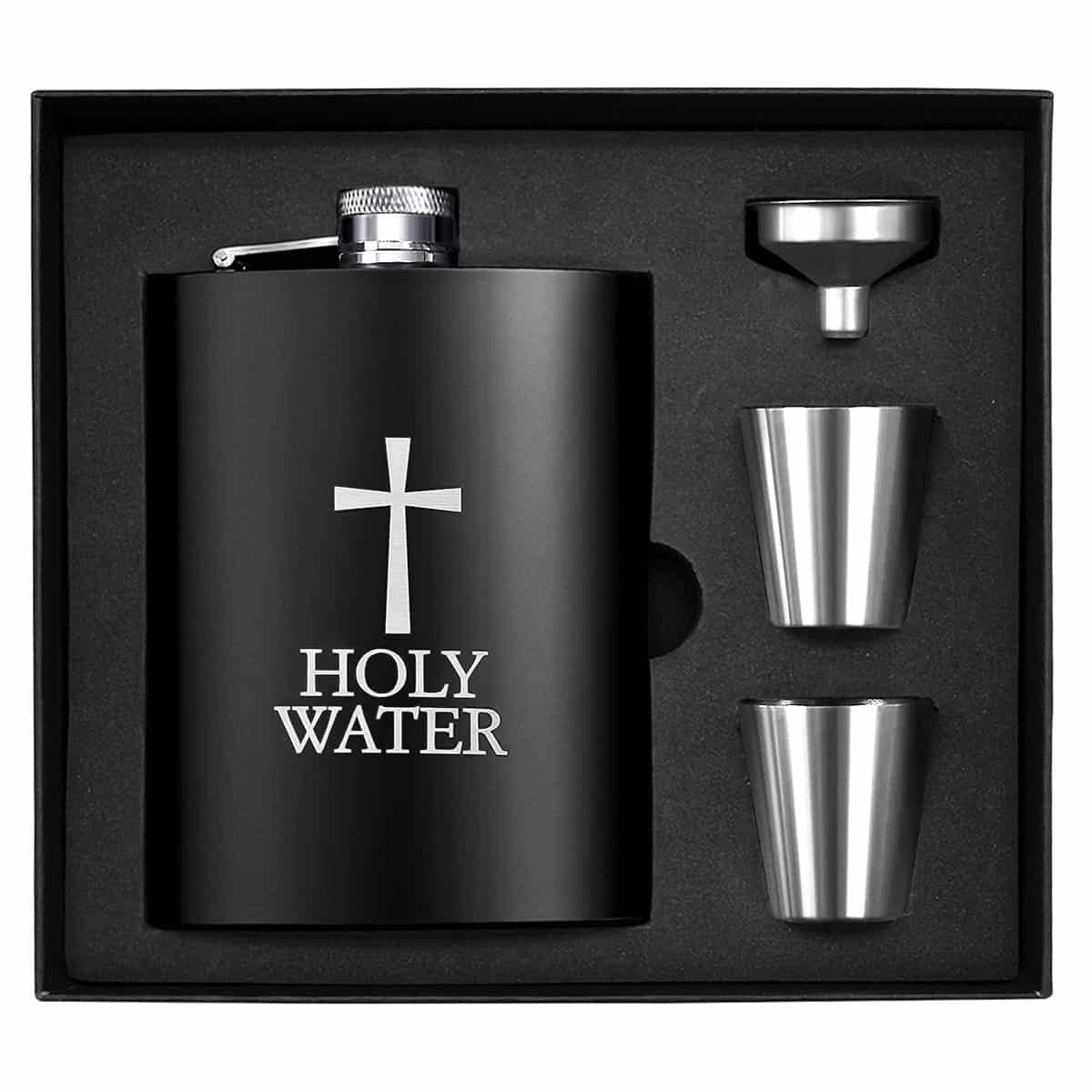 Personalised Hip Flask Set, Wieat 8oz Engraved Holy Water Stainless Steel Whisky Hip Flask Gift Box, Groomsmen/Usher Gifts for Wedding, Hip Flasks Gift for Men and Women (with 1xFunnel, 2xCups)