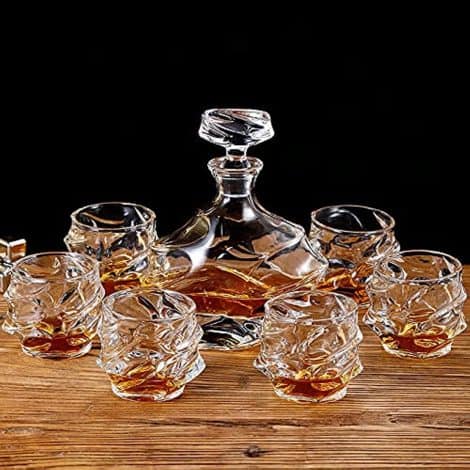 Italian-made Crystal Whiskey Decanter Set with 6 Glasses, 7-Piece Collection.