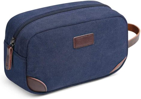 Blue Canvas Travel Toiletry Bag, DELFINO Men’s Organizer Kit for Shaving & Bathroom Essentials.