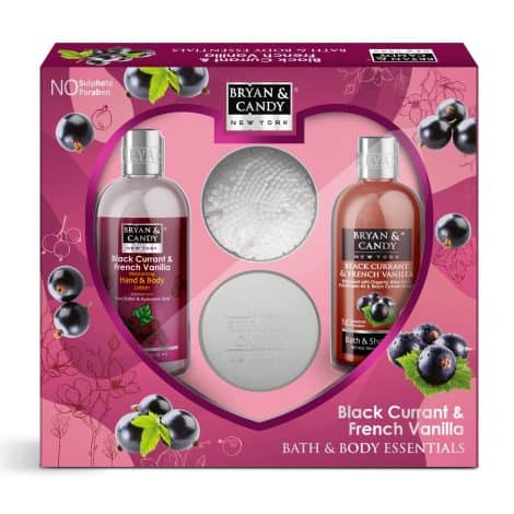 Bryan & Candy Black Currant and French Vanilla Spa Set: Shower gel, Lotion, Body Polish, Loofah. (Pack of 3)