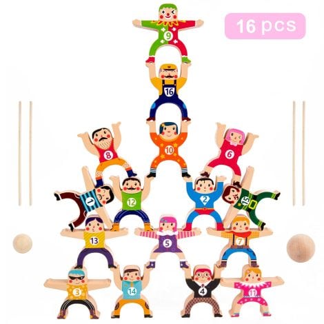 Circus Stacking Toys: Balancing Blocks Game for Kids & Adults, 16-Piece Set of Wooden Acrobatic Troupe.