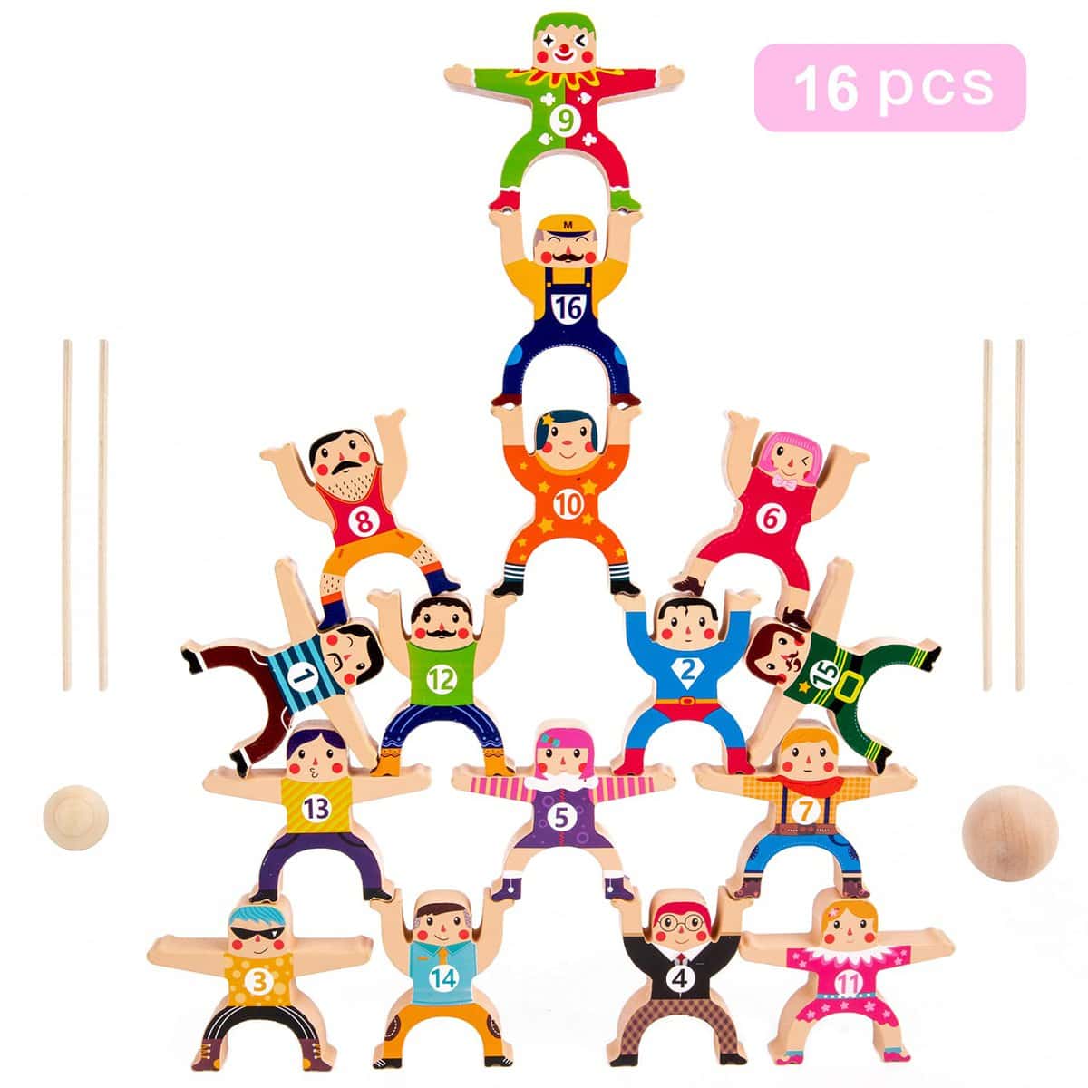 Wooden Stacking Toys,16Pcs Circus Hercules Acrobatic Troupe Interlock Toy,Balancing Building Blocks Game Toddler Puzzle Toys,for 3 4 5 6 Years Old Kids Adults