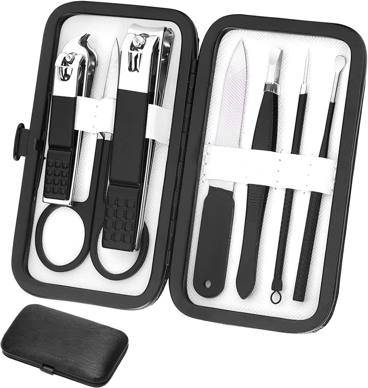 Manicure Set Professional Grooming Kits, Clippers Pedicure Kit 8pcs Pedicure Set Tools with Aceoce Luxurious Travel Case for Women Men Home or Salon Gift, Alloy Steel, Black and White