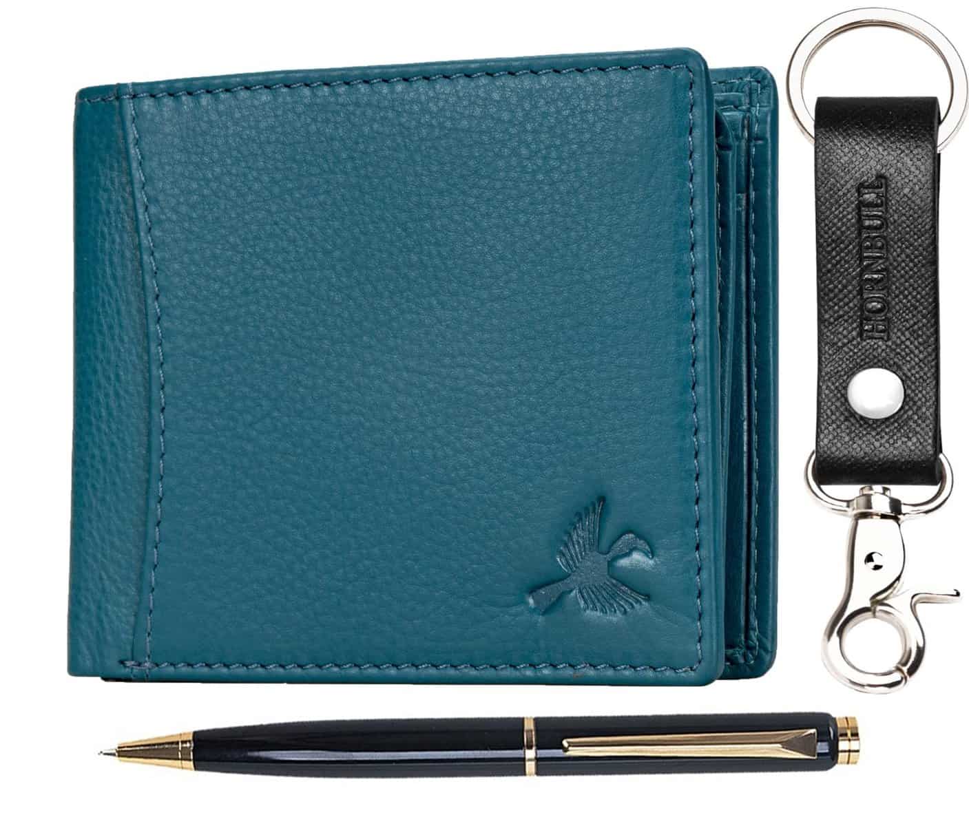 Hornbull Themes Aqua Blue Mens Leather Wallet, Keyring & Pen Combo Gift Set for Men | Wallet Men Leather Branded