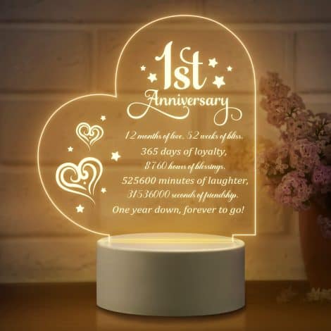 Celebrate lasting love with personalized heart-shaped night light, perfect for 1 year anniversary, birthday or Valentine’s.