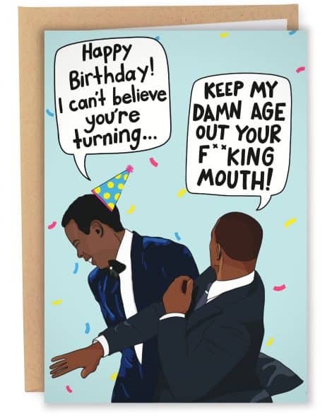 Funny meme greeting card for birthdays, featuring a snapshot of Will Smith playfully slapping Chris Rock.