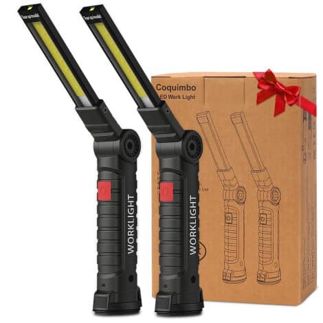 Coquimbo Tool Gifts for Men – 2-pack of rechargeable LED work lights with magnetic base, 5 modes, and 360° rotation.