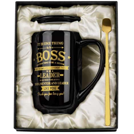 Gifts for your boss: top-rated, versatile, boss-themed coffee mug made of durable black porcelain, 18oz size.