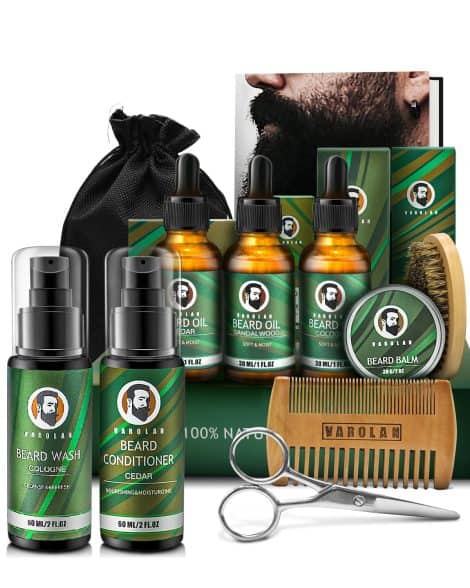 Complete grooming and care set for beards including oil, balm, wash, brush, comb, scissor, and storage bag. Perfect gift for men.