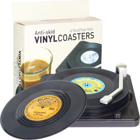 Retro Vinyl Record Coasters with Holder, Set of 6 Funny Sayings, Perfect Gift for Music Lovers.