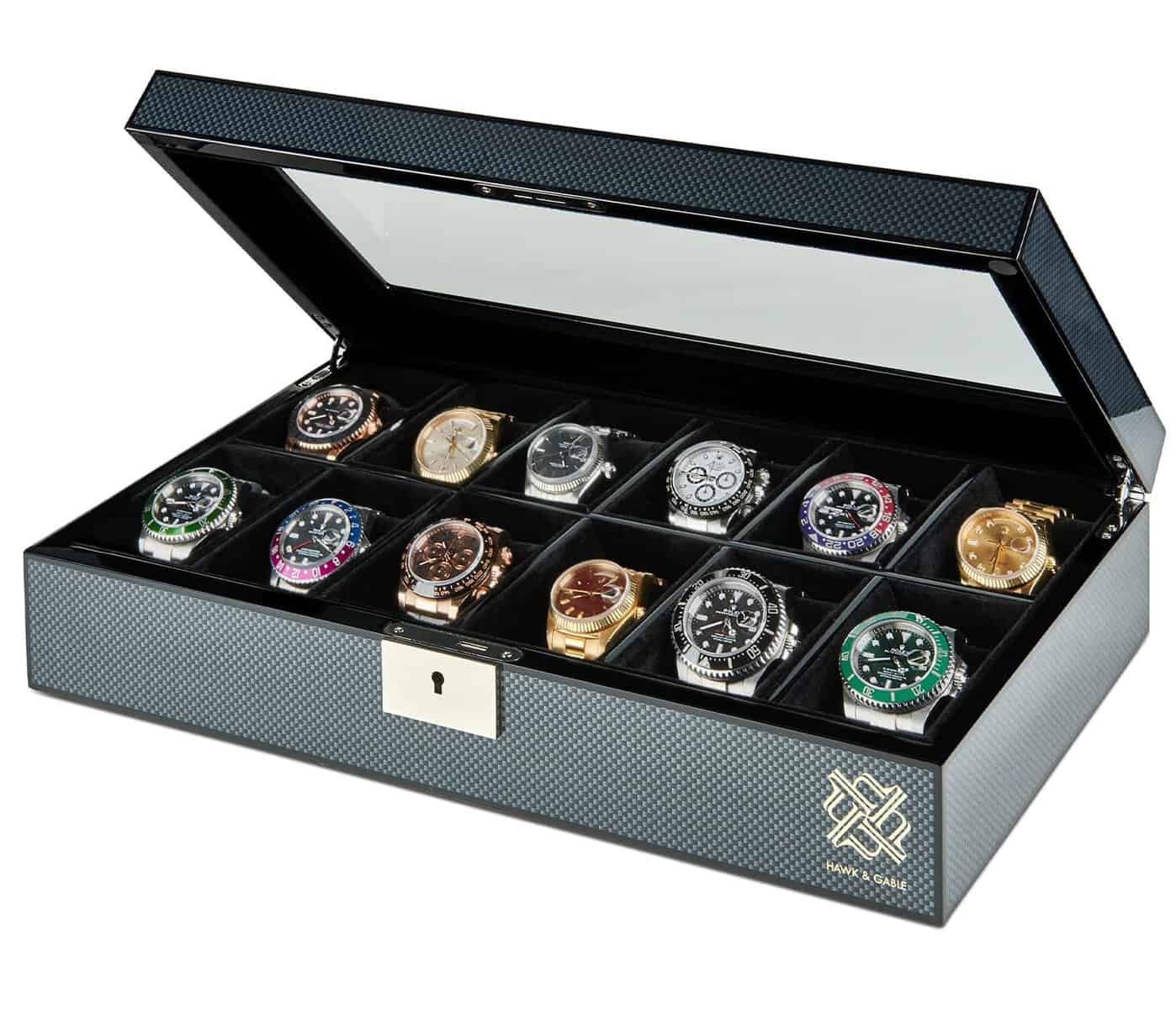 HAWK & GABLE Elegant, 12 Slot Watch Box Organizer with Lock | Premium Jewelry & Watch Display Case | Storage Cases for Watches | Large, Glass Lid | Carbon Fiber Design Black Wooden Watch Holder | Oversized | Gift