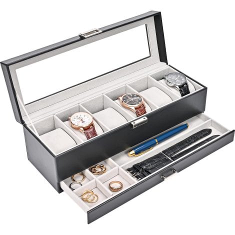 Men’s ProCase Watch Box Organizer with Drawer, 6 Slot Watch Display Case, Double-layered Jewelry and Watch Storage.