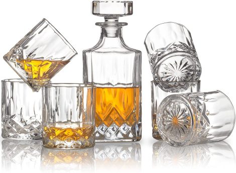 Italian Crafted Crystal Whiskey Decanter Set with 6 Glasses – Perfect Wedding Gift for Men.