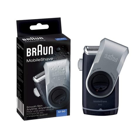 Braun M 90 Portable Electric Shaver, Battery Powered, Sleek Silver and Black Design.