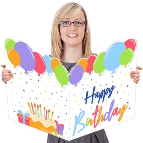 Extra-large Happy Birthday party supplies including giant greeting card, guest book, signs, and gifts for men, women, and bosses.