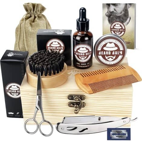 Men’s Beard Care Kit: Includes beard oil, wax, comb, scissors, razor, bag, and wooden box. Perfect for home and travel. Ideal gift for men, dads, and fathers.